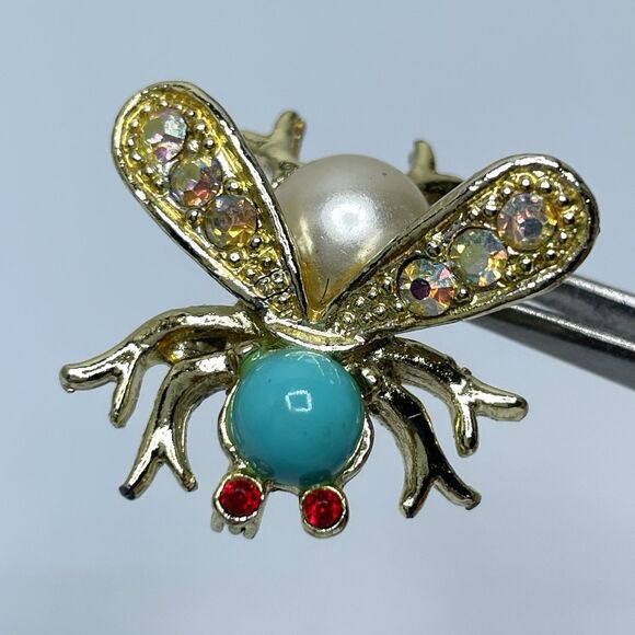 Vintage Bumblebee Mini Brooch Pin Aqua Cabochon Rhinestone 1" Estate Gold Tone - Picture 4 of 6